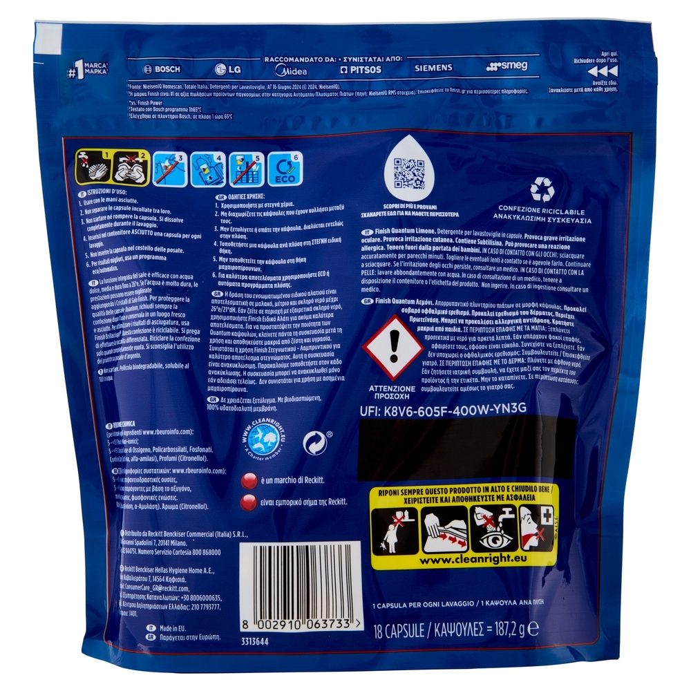 Finish Quantum All In One Lemon pastiglie lavastoviglie 18 lavaggi 187,2 g